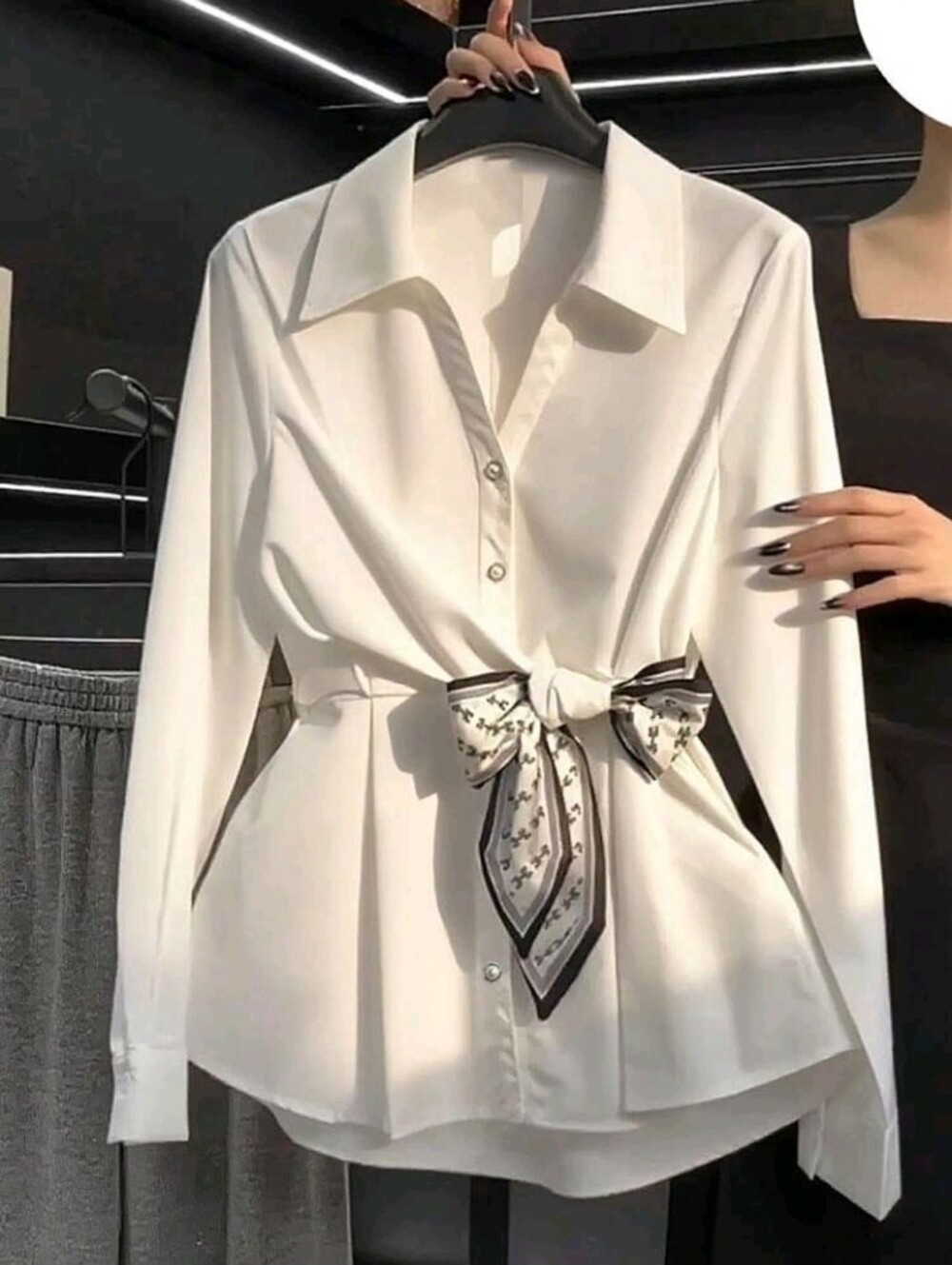 Women's White Long Sleeve Cinched Waist Scarf Blouse, Elegant For Commuting